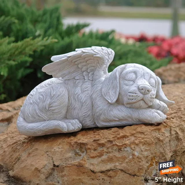 Angel Dog Statue Pet Puppy Memorial Grave Marker Sculpture Faux Stone Garden Art