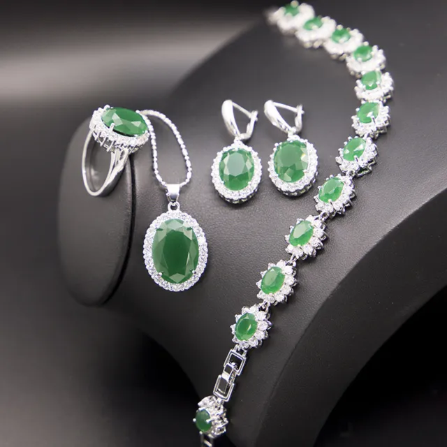 4pc Set New Classical Green Jade Style Gems Women Bracelets Earrings Necklaces