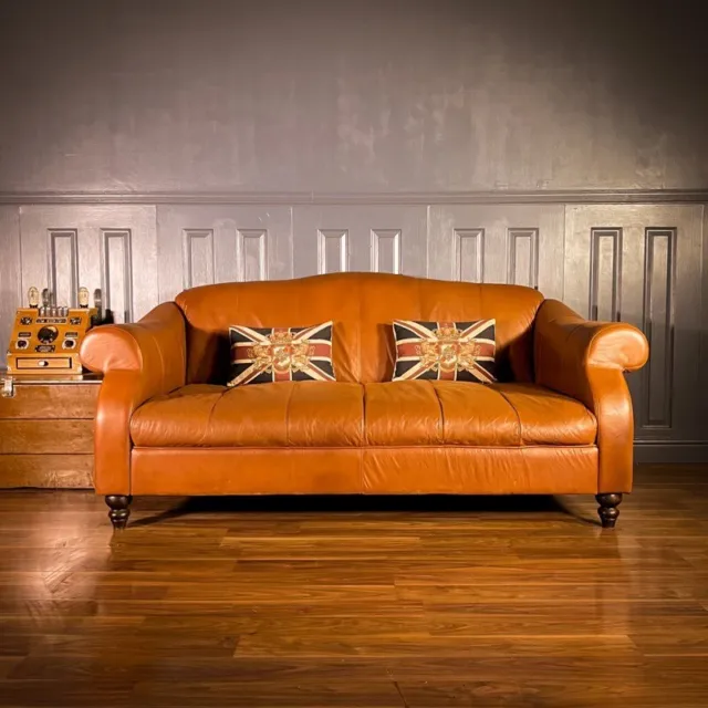 Leather 3 Seater Sofa Chesterfield Tan Vintage Brown 4 Gold Studded Roll Arm