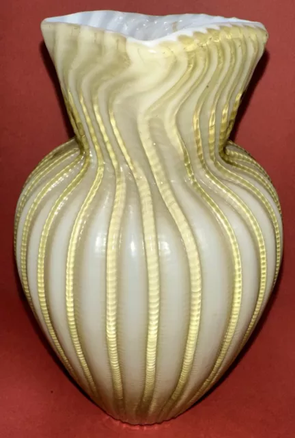 Victorian Mt. Washington Satin Yellow Art Glass White Cased Zipper Vase 6.75”