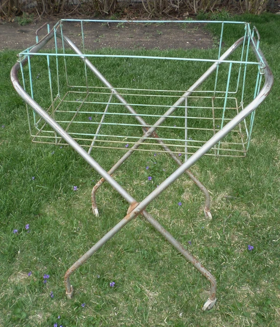 Vintage Antique Metal Wire Laundry Basket Cart Collapsible Folding on Wheels Vintage Antique Metal Wire Laundry Basket Cart Collapsible Folding on Wheels