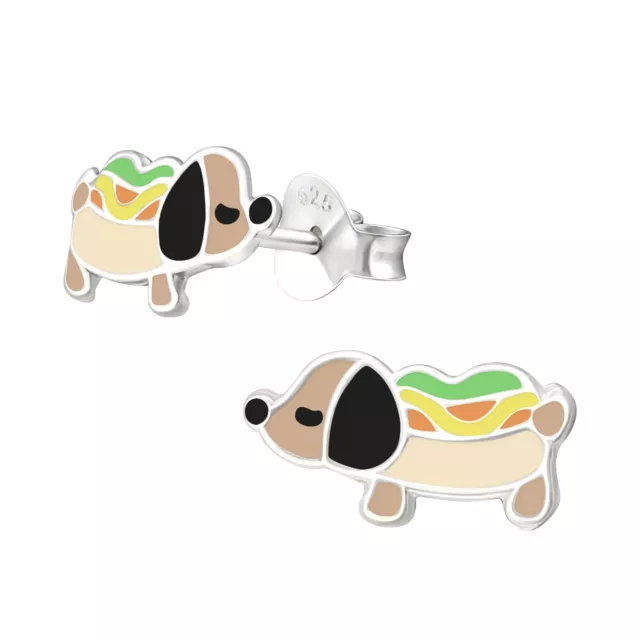 Girls Sausage Dog Hot Dog Sterling Silver Stud Earrings