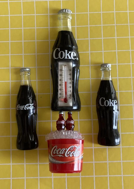 Lot of 4 Mini Coke Bottle Magnets~ Thermometer, Ice Bucket, 2 Coca-Cola Bottles
