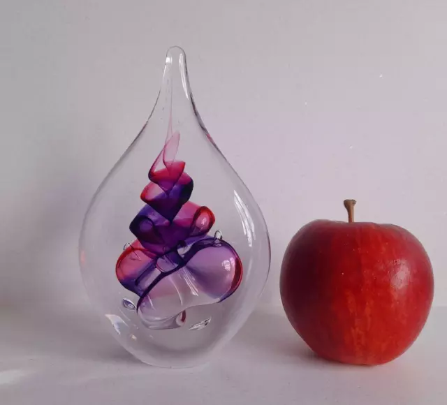 Vintage Signed Adam Jablonski Art Glass Teardrop Paperweight Pink Purple swirl