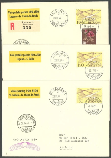 LUFTPOST 28.4.1949, Pro Aero Sonderflüge, 3 Rückflüge, Pracht