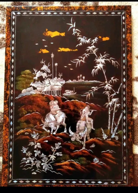 vintage old painting under varnish on wood Vietnam 1950 mother of pearl all in