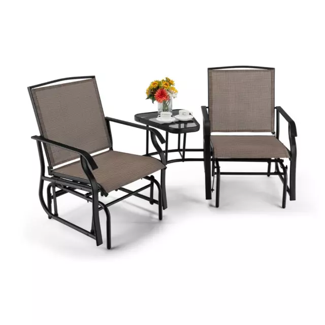 Outdoor Double Swing Glider Chair Set with Table Umbrella Hole Garden Patio New