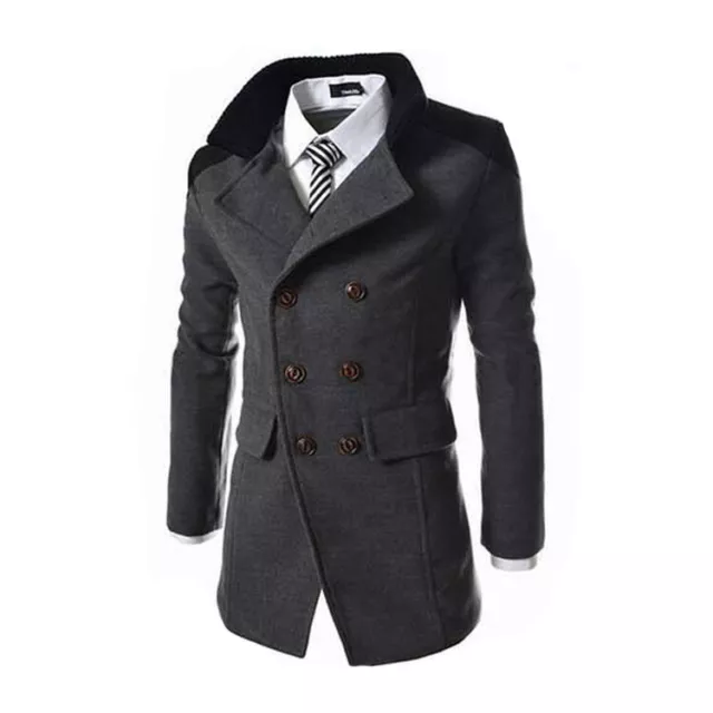 Mens Winter Woolen Trench Coat Double Breasted Warm Long Jacket Overcoat