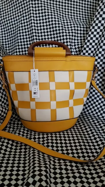 Monsoon Accessorize Weave Bucket Hand Bag Ochre Yellow Mustard White New