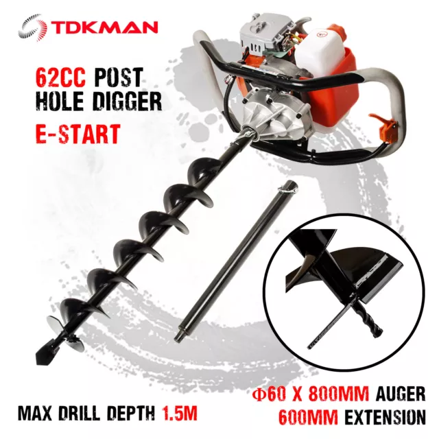 New TDKMAN 62cc Petrol Post Hole Digger Earth Auger 60mm Drill Fence Borer Bits