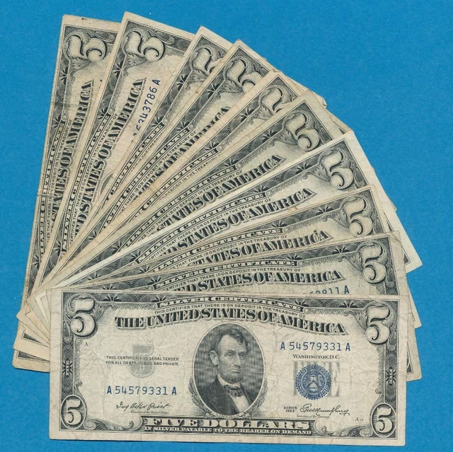 10-$5.00 1953 Mixed Blue Seal Silver Certificates  Dealers Lot