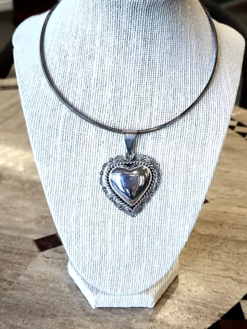 TAXCO Sterling Silver COLLAR & Large PUFFY HEART Hand Stamped Pendant Mexican