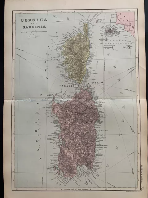 1891 Corsica & Sardinia Hand Coloured Original Antique Map by G.W. Bacon