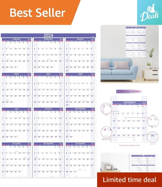 2024 YEARLY WALL Calendar Thick Paper, Marked Holidays, Easy Carrying