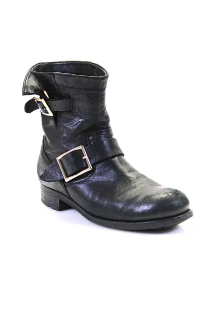 Jimmy Choo Womens Leather Double Buckle Low Heel Biker Boots Black Size 9US 39EU