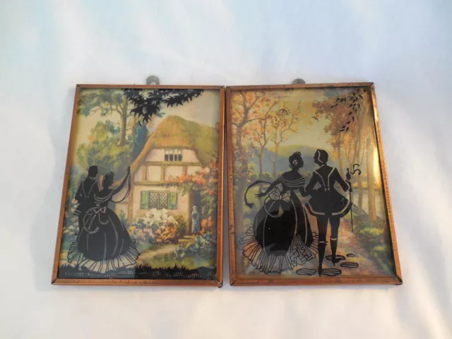 Silueta de pintura inversa vintage par de dos vidrio convexo 3,5" x 4 3/4