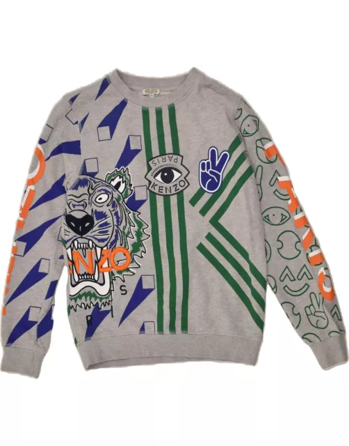 KENZO Boys Graphic Sweatshirt Jumper 13-14 Years Grey Patchwork Cotton GJ14