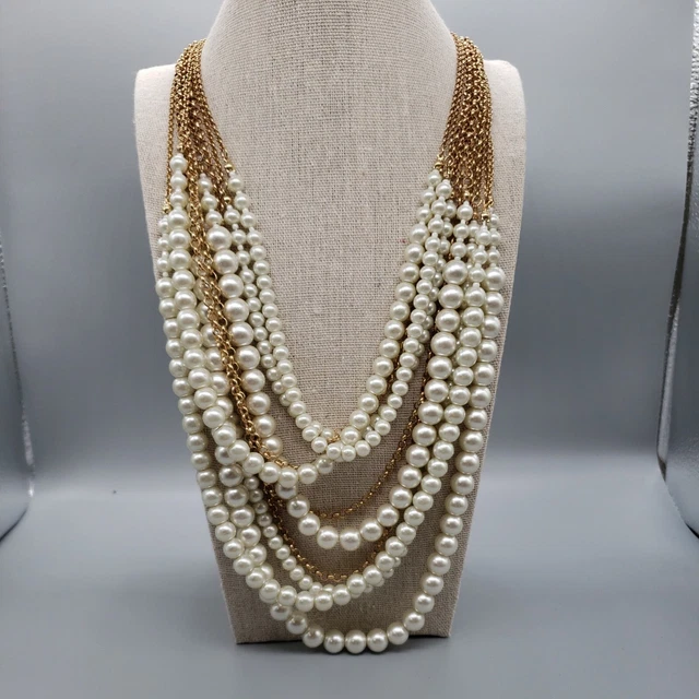 Vintage Charming Charlie Multi Strand Faux Pearl & Gold Tone Necklace