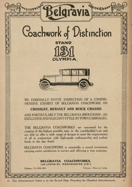 1920s Original Vintage Belgravia Coachwork Crossley Renault Buick Car Print Ad