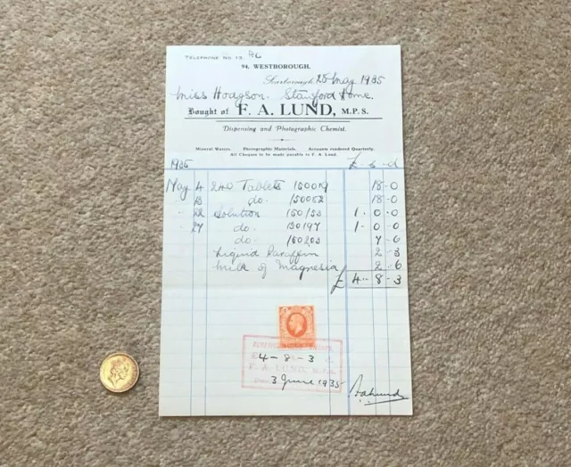 1935 Billhead FA Lund Dispensing + Photographic Chemist Scarborough