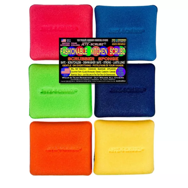 Jetz-Scrubz Kitchen Scrubber Sponges Rainbow Fashion Colors Rectangle, Pack of 6