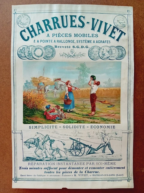 ANCIENNE AFFICHE SCOLAIRE Tracteur Agricole Les Charrues Imp Lang Paris