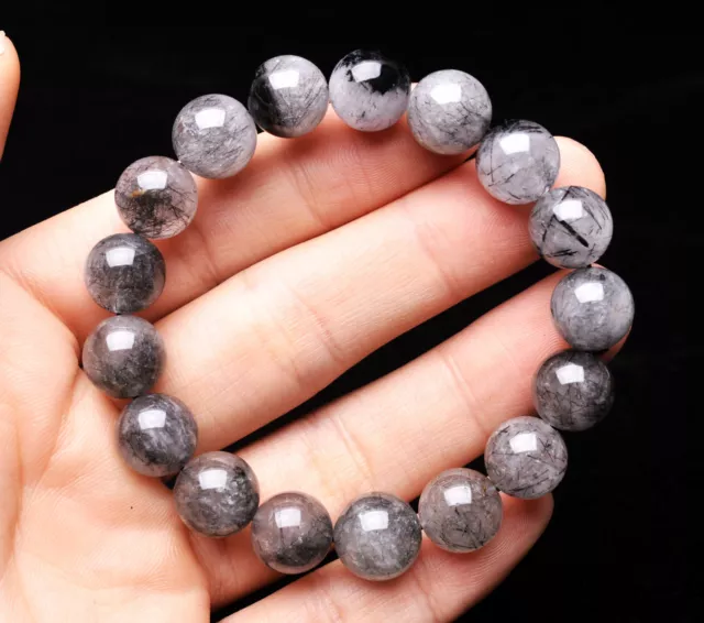 11.8mm Natural bar Black Hair Rutilated Crystal Round Beads Bracelet