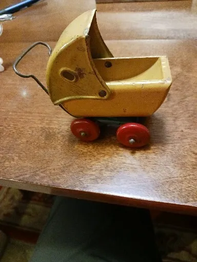 Vintage Pressed Steel Toy Baby Buggy Stroller Carriage