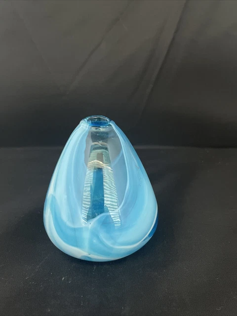 Blue Art Glass Bud Vase Hand Blown  Blue & White Swirl Glass