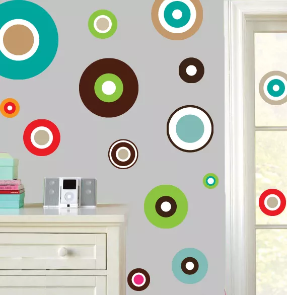 Fun Retro Circle Pack of 22 Wall Art Stickers Colourful Decals Murals Transfers