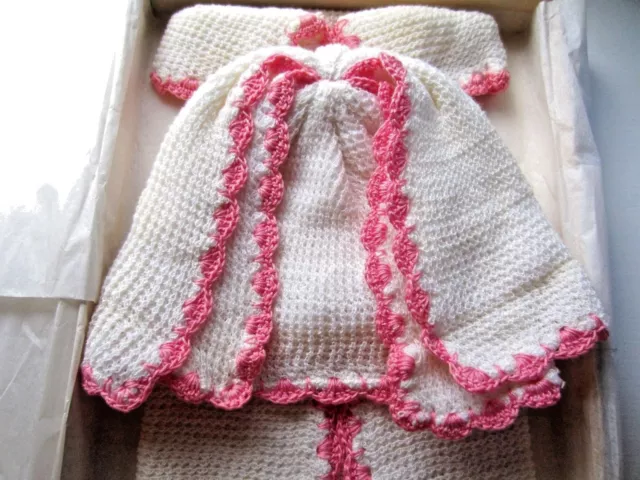 VINTAGE Knitted/Crocheted 3 PC Baby PRAM-Receiving Set NEW Pink-White 2