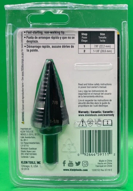 Klein Tools KTSB11 Double Fluted Step Drill Bit 7/8" or 1 1/8' holes 2