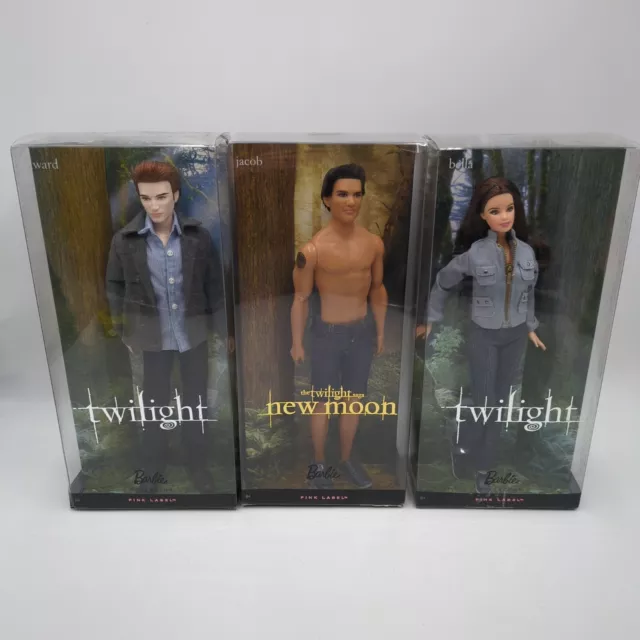 Twilight Saga Barbie Dolls Edward Bella Jacob 3 Doll Lot Pink Label NEW SEALED