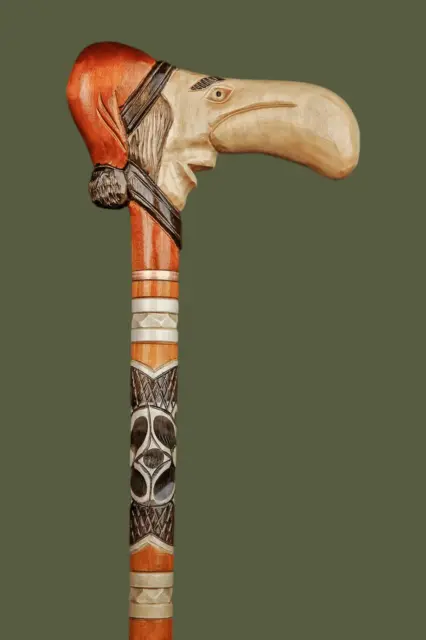 Hand Carved Folk Art Design Walking Cane - Funny Antique Walking Stick