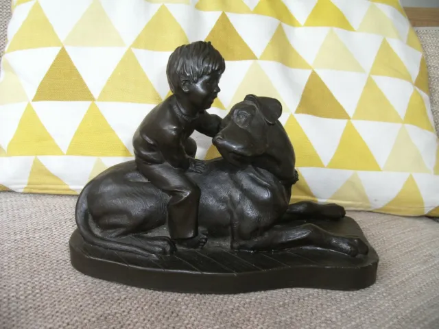 Heredities By Pauline Parsons Bronze Resin Figurine Of Young Boy Astride A Dog