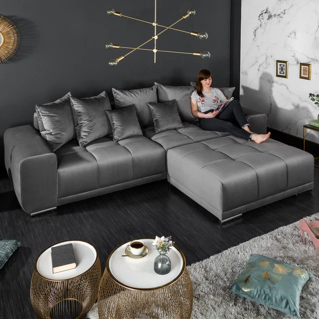 DESIGN XXL SOFA ELEGANCIA 285cm Silbergrau Samt inkl. Kissen Couch 3