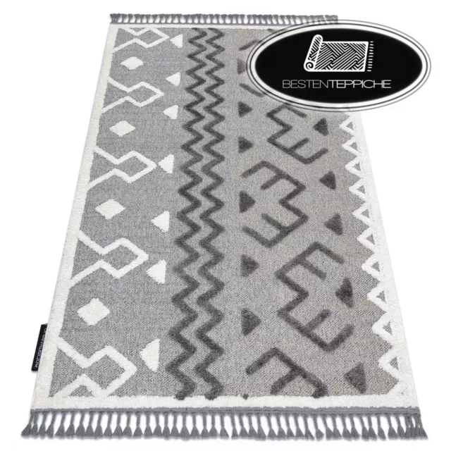 Modern Fringe Thick Shaggy Carpet Maroc Aztec, Ethnic Grey Moroccan