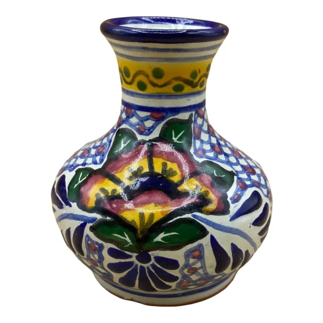 Vintage Talavera Mexican Pottery Ceramic Vase Floral 4.5" Tall Signed READ