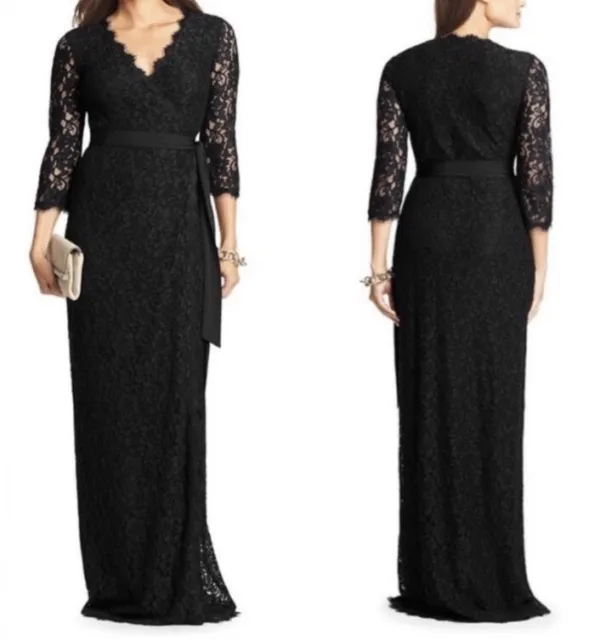 $898 DIANE VON FURSTENBERG JULIANNA LONG BLACK LACE MAXI WRAP  DRESS Sz 2