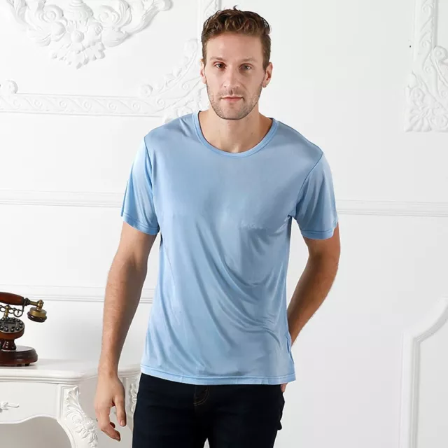 Herren T-Shirt 100 % reine Seide Top Strick Freizeit Rundhalsausschnitt Shirts kurzärmlig weich 3