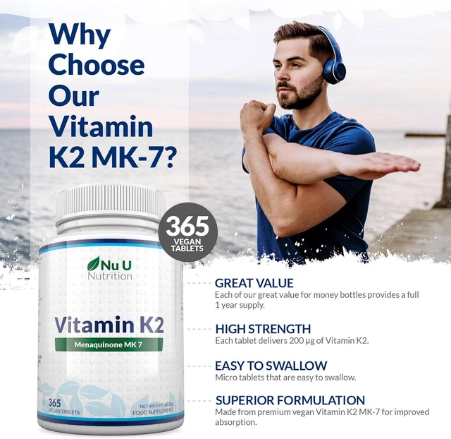 VITAMIN K2 MK 7 200mcg 365 Vegetarian and Vegan Tablets (not Capsules