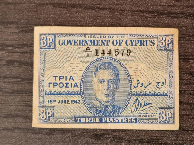 Government of Cyprus 3 piastres 1943 banknote Prefix A1