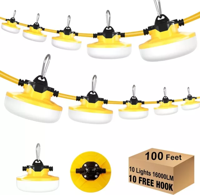 LED Construction String Light 100FT 130W 16000Lm 3-Prong Industrial Grade - NEW