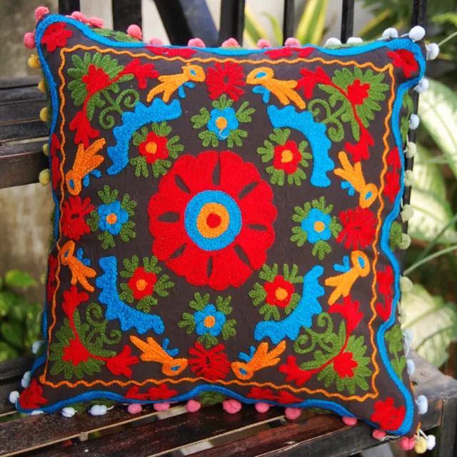 Indian Suzani Cushion Covers Cotton Pillow Cases 16x16" Handmade Embroidered