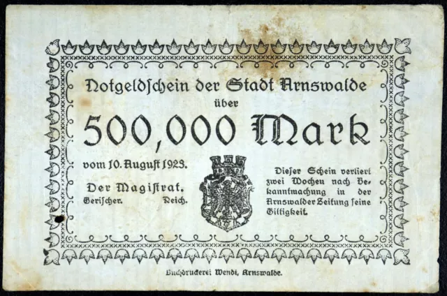 ARNSWALDE 1923 500,000 Mark Inflation Notgeld Banknote Germany