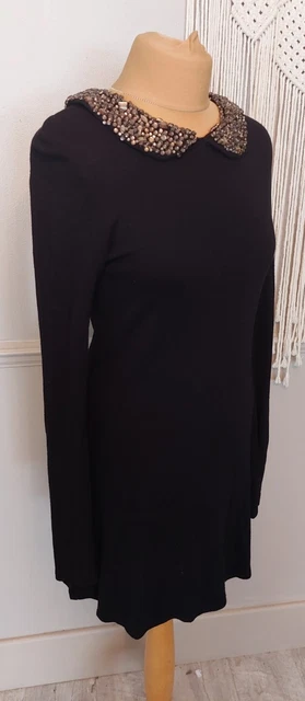 Warehouse Knitted Dress UK 10 Jewelled Peter Pan Collar Black Party Occasion