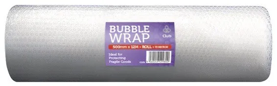 CLUB 500mm x 12M BUBBLE WRAP ROLL (55 MICRON 4mm BUBBLE HEIGHT