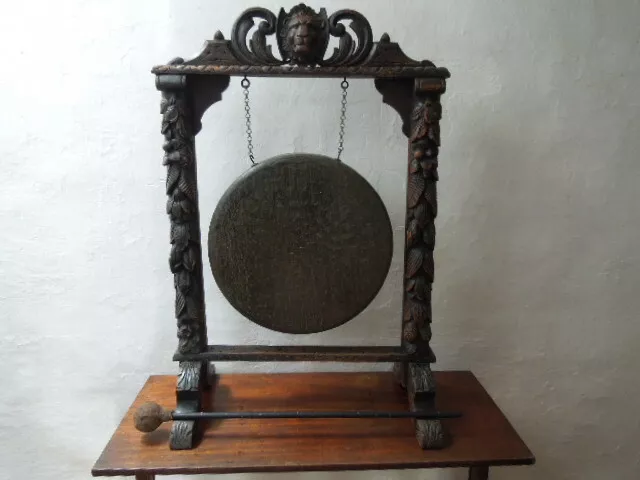 Antique Baronial Large Bronze Dinner Gong on Carved Oak Stand 1.2m High 2