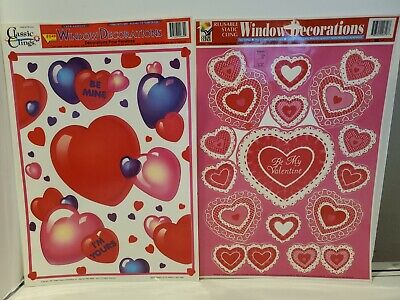 Vintage Valentine Window Clings Made In USA Hearts Pink & Purple  1990s  Set 2