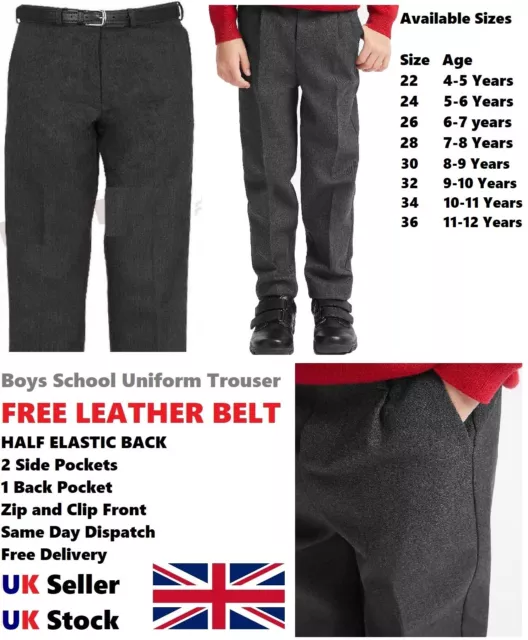 School Uniform Trousers for boys and girls, elasticated waist, Free Leather Belt